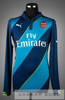 Calum Chambers navy and turquoise Arsenal No.21 away jersey v Manchester United, at Old Trafford on 9th March 2015,
 long-sleeved, no sleeve badges, c