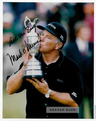 Collection of signed photographs of golf legends, 
 including signed official IMG management photos of Mark Calcavecchia, Steve Stricker, David Frost,