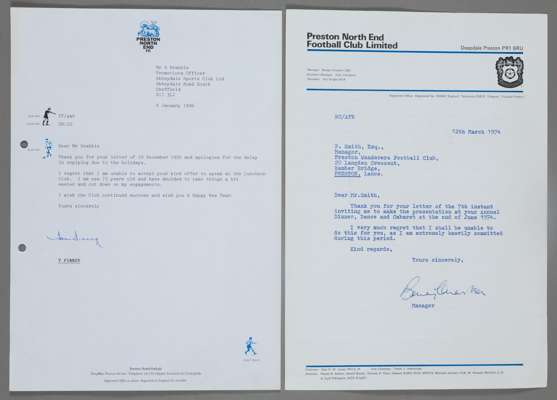 PRESTON NORTH END F.C 1974 SIR BOBBY CHARLTON AND 1996 SIR TOM FINNEY PAIR OF AUTOGRAPH LETTERS ON PRESTON CLUB LETTERHEAD  

Sir Bobby Charlton CBE (