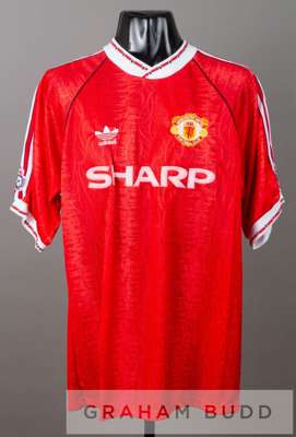 Red Manchester United no.13 substitute's home jersey, circa 1991,
 by Adidas, short-sleeved with THE FOOTBALL LEAGUE sleeve badges, embroidered club c