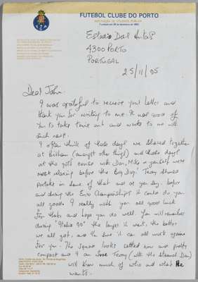 Bobby Robson handwritten and signed letter on Porto letterhead, dated 2005,