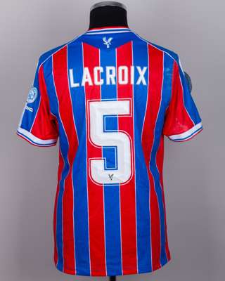 Maxence Lacroix red and blue No.5 Crystal Palace v. AEK Larnaca match worn shirt