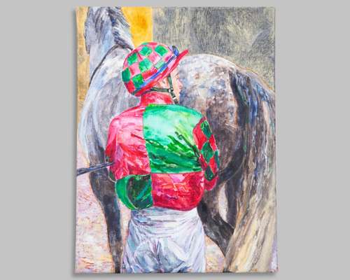 Lia Laimbock (Dutch, b.1965, living & working in Ireland) oil painting of a jockey