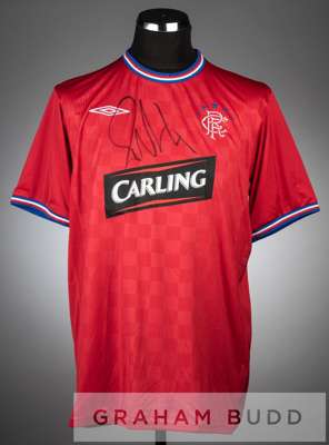 Pedro Mendes signed red, blue and white Rangers no.4 jersey, season 2009-10,
 short-sleeved with club crest and sponsor logo, reverse numbered 4, sign