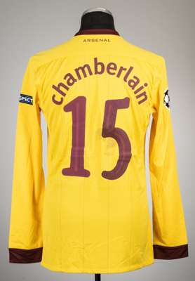 Alex Oxlade-Chamberlain yellow Arsenal no.15 third choice jersey, season 2011-12,
 Nike, long-sleeved with UEFA STARBALL and RESPECT sleeve badges, cl