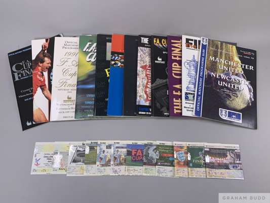 A run of ten F.A. Cup Final programmes, 1990-99 played at Wembley
 all with ticket stubs (20)