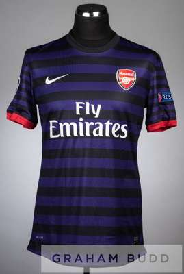 Mikel Arteta purple and black hoop Arsenal no.8 away jersey in the UEFA Champions League, season 2012-13, 
 short-sleeved with UEFA STARBALL and RESPE
