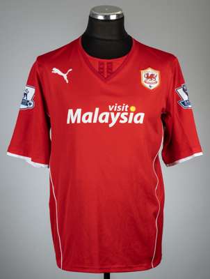 Ben Turner red Cardiff City no.6 home jersey, season 2013-14,
 Puma, short-sleeved with BARCLAYS PREMIER LEAGUE sleeve badges, club crest and sponsor 