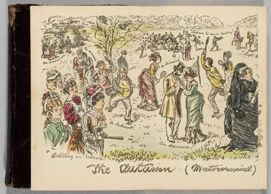 Punch's Pocket Book 1877,
 with a coloured fold-out illustration of a mixed doubles tennis game, also with an unusual engraving facing p.63 containing