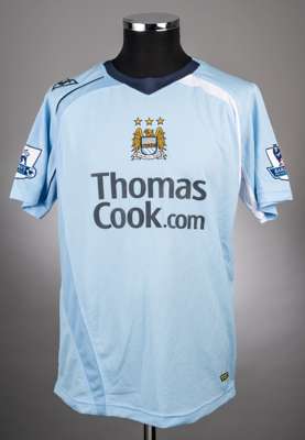 Robinho sky-blue No.10 Manchester City short-sleeved jersey, 2008-09, 
 Le Coq Sportif, M, with v-neck style collar and embroidered badge inscribed M.