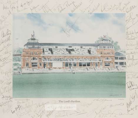 Signed "The Lord's Pavilion Test Cricketers" print,
 signed in pencil by approximately 70 test cricketers in the margin surrounding the print of origi