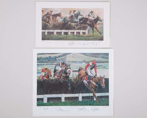 A pair of autographed The Queen Mother Champion Chase limited prints by David and Adrian Dent