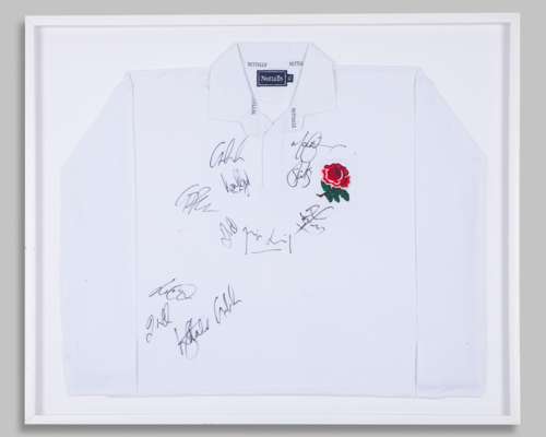 White England autographed replica rugby union long-sleeved shirt display