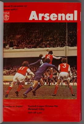 Arsenal F.C. League Div. I. 1976-77 bound volume of match programmes,
 red hardback cover with ARSENAL F.C. LEAGUE DIV. I. 1976-77 gilt tooling to spi