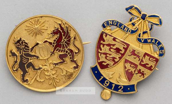 Two Football Association badges issued to F.A. official Charles James Hughes (1853-1916) for England v Wales international matches,
 both in gilt meta