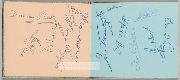 An autograph book containing a double-page of Manchester United Busby Babes autographs collected by Duncan Edwards for his fiancée Molly Leech,
 autog