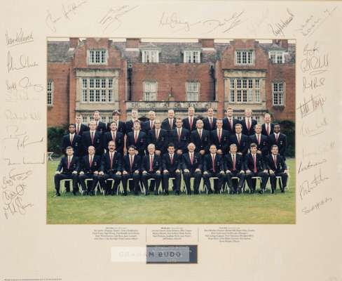 Signed England 1991 Rugby World Cup finalists official photograph,
 limited edition 3 of 30 colour photograph in seated and standing pose, with typed 