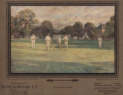 "Playing Out Time" Australian cricket tour 1887 Gunn & Moore Ltd promotional calendar board,
 with a printed colour scene of "Playing Out Time" by F.C