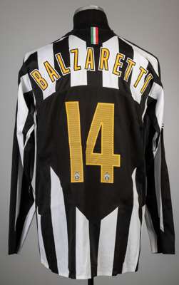 Federico Balzaretti black and white striped Juventus F.C. Centenary no.14 home jersey, season 2005-06,
 Nike, long-sleeved with UEFA STARBALL sleeve b