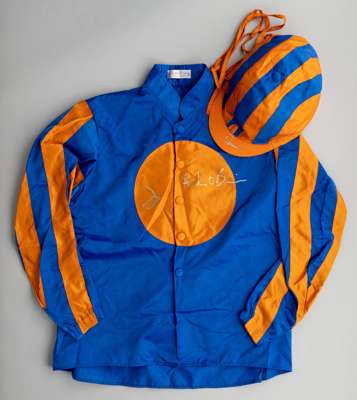 Michael Tabor racing silks signed by the Ballydoyle duo Aidan O'Brien and Ryan Moore,
 bears neck label for Josephine O'Brien, royal blue jacket with 