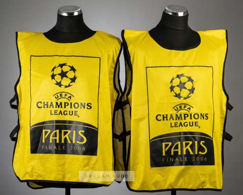 Two 2006 UEFA Champions League Final official yellow warm-up tabards from Arsenal v Barcelona at Stade de France, Paris, 17th May, 
 each with black b