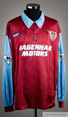 Julian Dicks claret and blue West Ham United no.3 home shirt, circa 1996,
 Pony, long-sleeved with THE FA PREMIER LEAGUE sleeve badges, club crest and