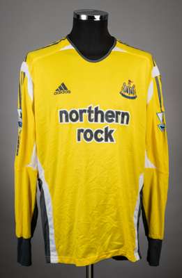 Shay Given yellow and white No.1 Newcastle United goalkeepers jersey, 2005-06, 
 Adidas, XL, with crew-neck collar and embroidered badge inscribed NEW