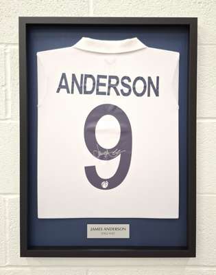 James Anderson white No.9 framed, signed England Test Match short-sleeved shirt