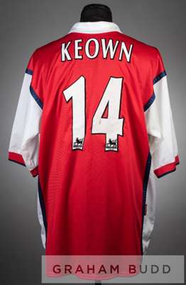 Martin Keown red and white Arsenal no.14 home jersey, season 1998-99,
 short-sleeved with UEFA STARBALL sleeve badge, club crest and sponsor logo, rev