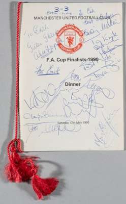 Manchester United autographed menu from 1990 F.A. Cup Final banquet, Royal Lancaster Hotel, 12th May, 

signed in blue ink on cover and inside centre 