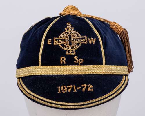 Pat Jennings blue Northern Ireland v. USSR, Spain, Scotland, England and Wales cap, 1971-72