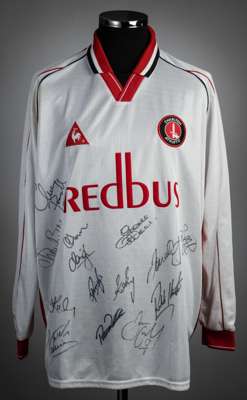 Squad-signed white & red Charlton Athletic no.2 away jersey, season 2001-02,
 match-issue, Le Coq Sportif, long-sleeved with No sleeve badges, club cr