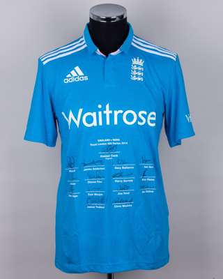 Blue autographed England v. India Royal London ODI Series short-sleeved shirt, 2014