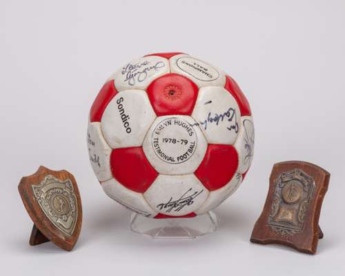 A red and white Emlyn Hughes Testimonial autographed leather football, 1978-79