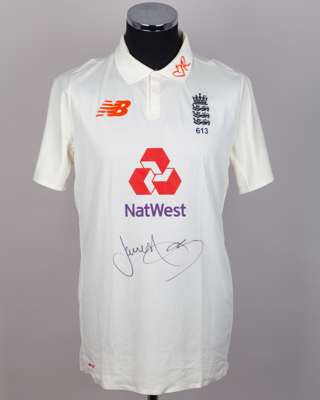 James Anderson off-white No.9 England v. West Indies autographed Red For Ruth shirt, 2020