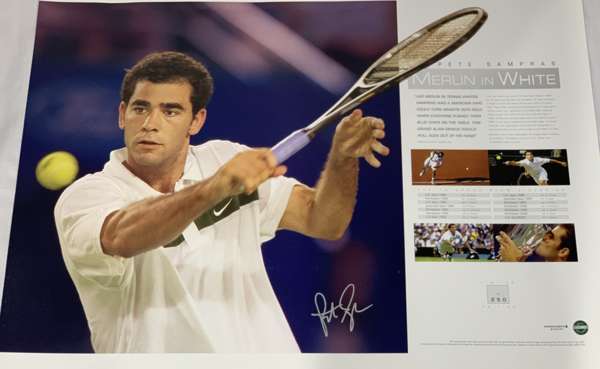 Pete Sampras (USA) signed limited edition tennis print “Pete Sampras, Merlin in White”,
 Limited edition of 250.Official licensed product, produced by