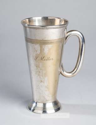 Pint tankard inscribed to to the Champion jump jockey Stan Mellor,
 E.P.N.S., of tapering form, engraved S. MELLOR, 18cm. high

 Provenance:
 The Stan