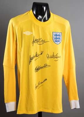Yellow England retro goalkeeping jersey signed by five 'keepers, Peter Shilton, Gordon Banks, Ray Clemence, Peter Bonetti & Paul Robinson