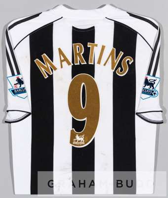 Obafemi Martins black and white Newcastle United no.9 home jersey, season 2006-07,
 short-sleeved with BARCLAYS PREMIERSHIP sleeve badges, club crest 