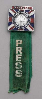 World Cup 1966 England official badge for Press with green ribbons, bearing Press to ribbon, 
 a lapel badge given to press for official accreditation