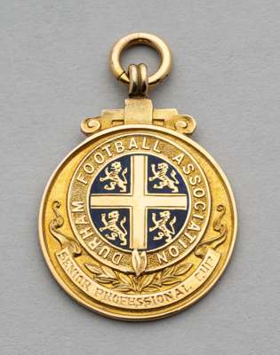 9ct gold & enamel Durham Football Association Senior Professional Cup Winners medal 1938-39 awarded to Len Duns of Sunderland AFC in season 1938-39,
 