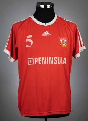 Gurjinder Singh red & white Pune FC India no.5 jersey, season 2008-10,
 match-issue, Adidas, short-sleeved with club crest and sponsor logo, reverse l