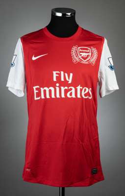 Tomas Rosicky red and white Arsenal no.7 home jersey, season 2011-12
 match issue, NIke, short-sleeved with BARCLAYS PREMIER LEAGUE sleeve badges, clu