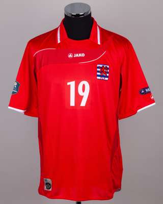 Red and white No.19 Luxembourg v. Bosnia short-sleeved shirt, 2010