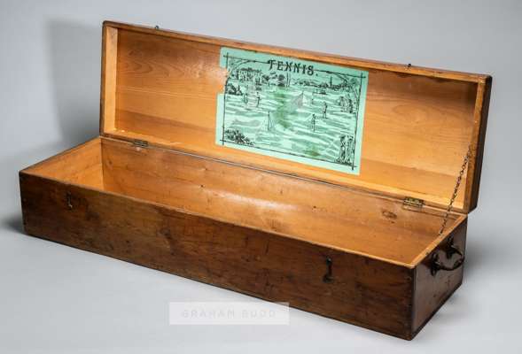 Early lawn tennis set pine box, circa 1879,
 with green litho on the underside of the hinged lid, bearing a Maltese cross trademark of F.H. Ayres of L