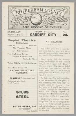Rotherham County v Cardiff City programme 12th March 1921,
 F.L. Division Two fixture, ex-binder