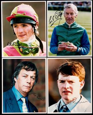 An album of signed photographs of flat race jockeys and trainers, in sleeves in a ring binder file, 8 by 10 & 10 by 12in., colour & b&w, 102 photograp
