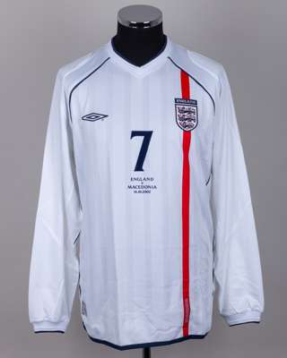 David Beckham white and red No.7 England v. Macedonia match issued long-sleeved shirt, 2002
