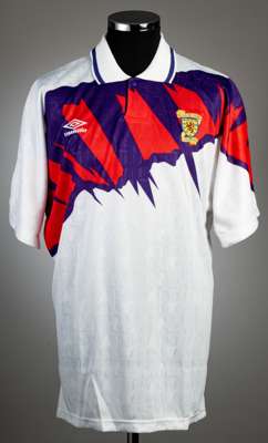 White, red and purple Scotland no.9 away jersey, circa 1992,
 Umbro, short-sleeved with Scottish national emblem, Umbro logo, reverse numbered 9, size