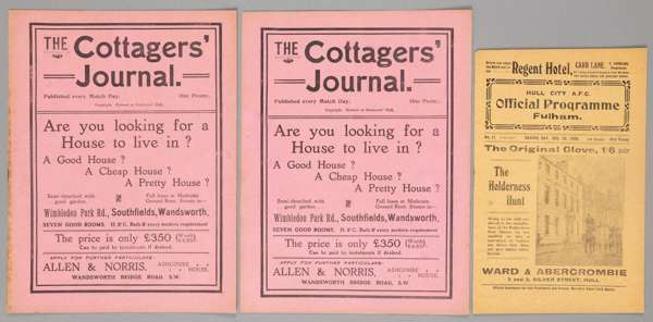 Three Fulham programmes season 1909-10,
 two F.L. Division Two fixtures, an away at Hull City 27th December and a home v Derby County 25th March, and 